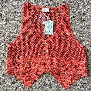 Very J Crochet Vest Womens S/M Orange Floral Festival Hippie Sunset Button NWT